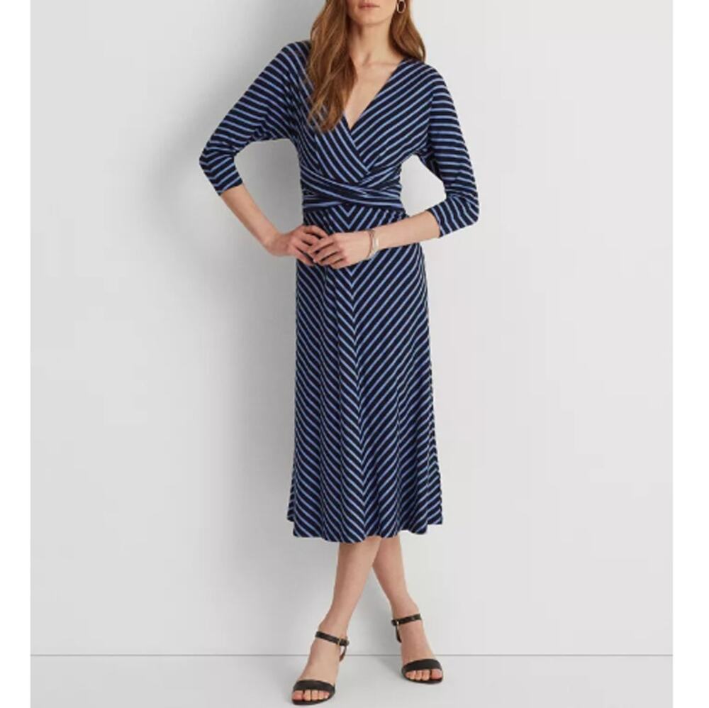 New RALPH LAUREN Women's Navy Blue Striped Jersey Dress Size 6